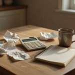 Table de travail avec factures de vacances, calculatrice et carnet de notes pour reprendre un budget familial