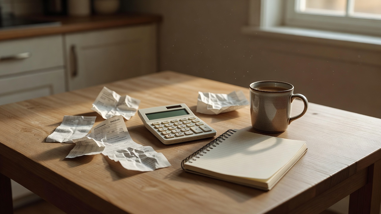 Table de travail avec factures de vacances, calculatrice et carnet de notes pour reprendre un budget familial