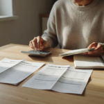 Une personne compare une lettre d'assurance et un relevé de crédit sur une table avec une calculatrice pour arbitrer son budget