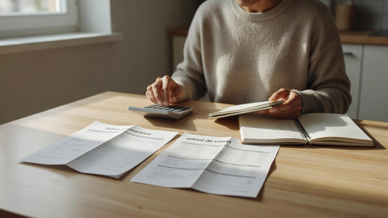 Une personne compare une lettre d'assurance et un relevé de crédit sur une table avec une calculatrice pour arbitrer son budget