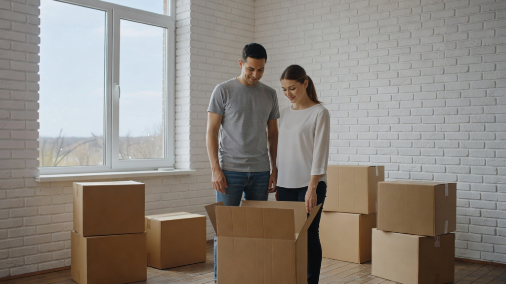 Cartons de déménagement devant un salon blanc, budget déménagement après achat immobilier