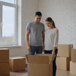 Cartons de déménagement devant un salon blanc, budget déménagement après achat immobilier