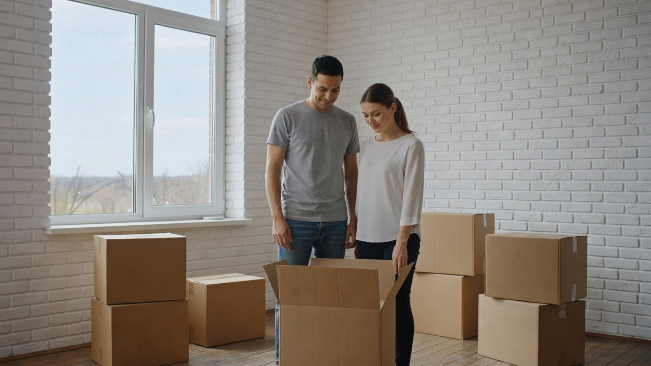 Cartons de déménagement devant un salon blanc, budget déménagement après achat immobilier