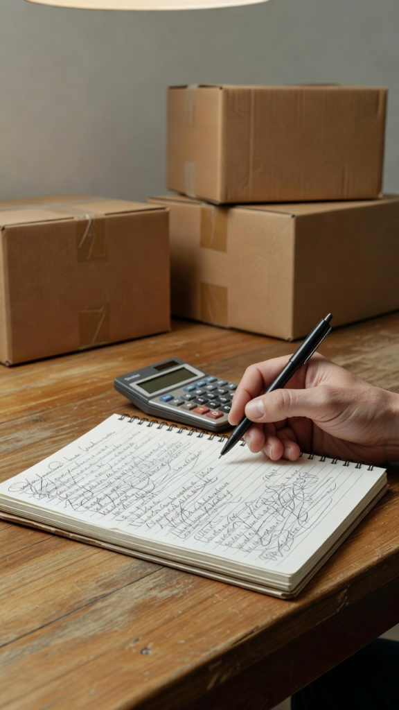 Calcul du budget déménagement sur un carnet, liste des dépenses post-achat immobilier