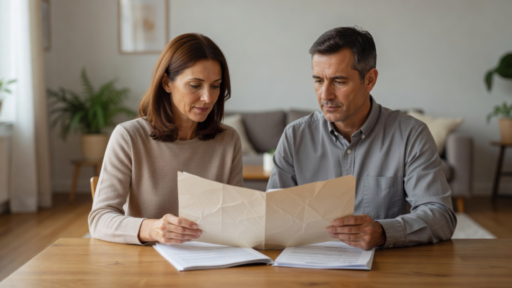 Deux personnes consultent ensemble un dossier de prêt immobilier à une table, évoquant une séparation et la question du crédit commun
