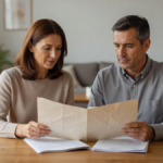 Deux personnes consultent ensemble un dossier de prêt immobilier à une table, évoquant une séparation et la question du crédit commun