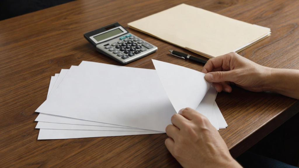 Documents de prêt et acte posés sur un bureau avec calculatrice, évoquant le calcul de la soulte lors d'une séparation