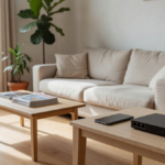 Box internet et smartphone posés sur une console dans un salon lumineux