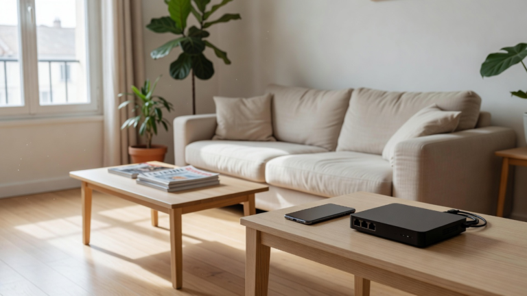 Box internet et smartphone posés sur une console dans un salon lumineux