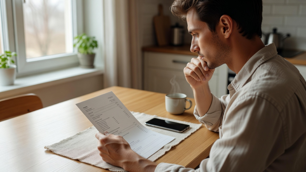 Personne relisant une facture papier à une table de cuisine avec un téléphone à côté