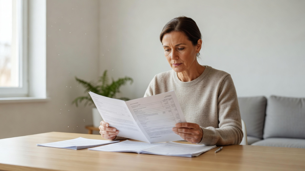 Personne lisant posément les pages d'un contrat d'assurance à une table dans un salon clair