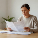Personne lisant posément les pages d'un contrat d'assurance à une table dans un salon clair