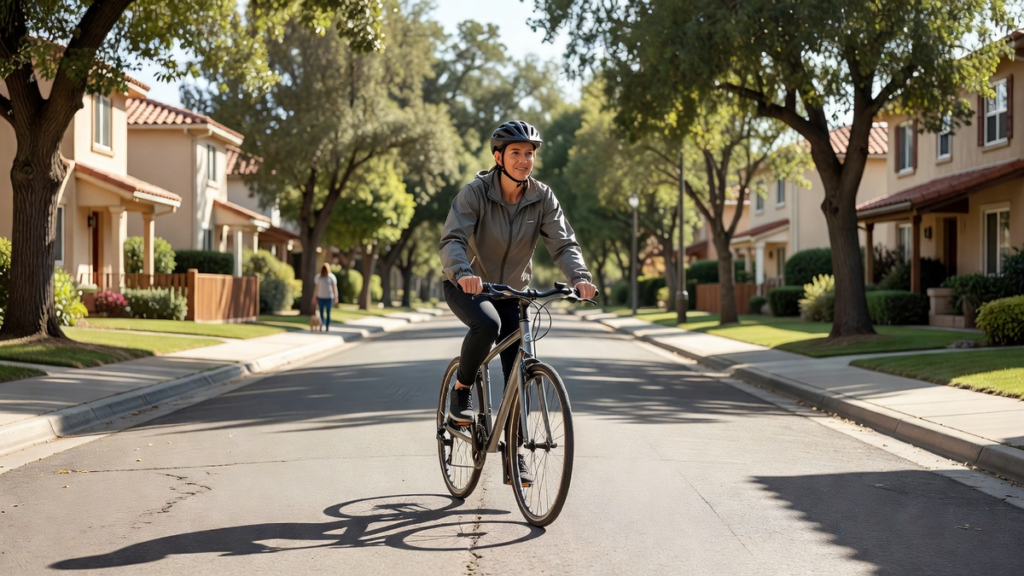 Personne à vélo avec casque traversant une zone résidentielle calme et ensoleillée