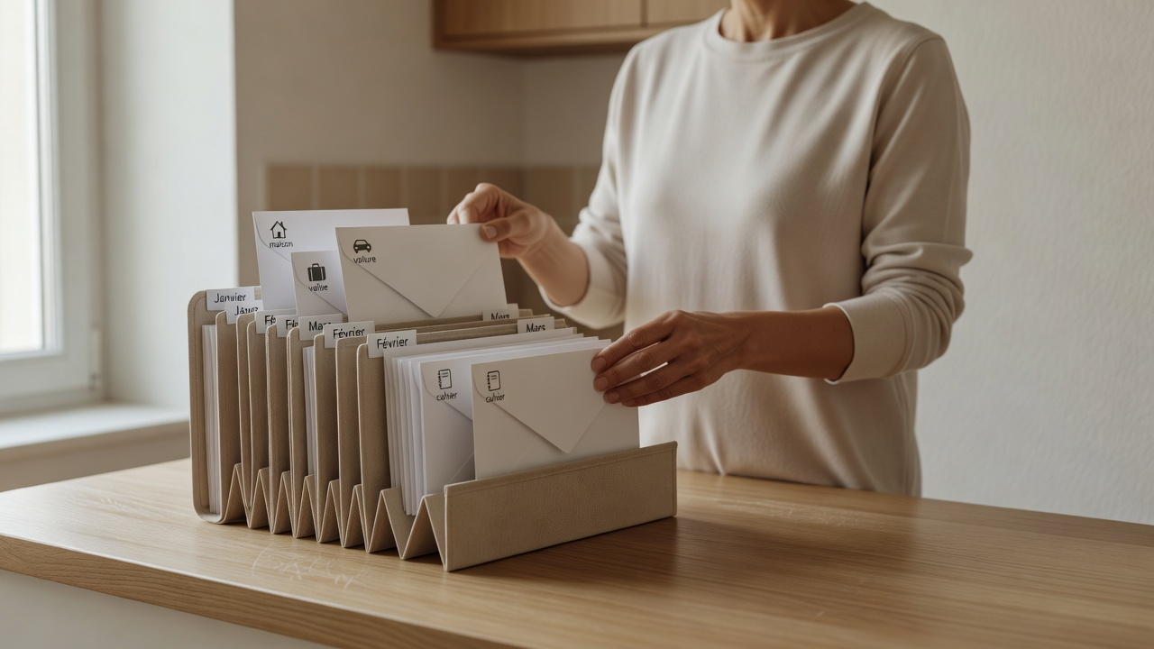 Répartition des charges annuelles du foyer en enveloppes mensuelles sur un plan de travail