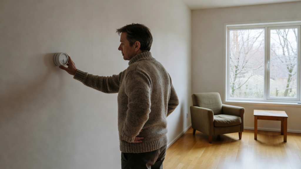Personne réglant le thermostat d'un logement peu occupé avant de repartir, ambiance hivernale