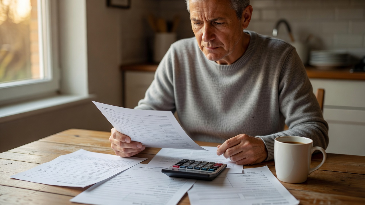 Papiers d'inscription scolaire relus à la table familiale avec une calculatrice, illustration du budget d'une assurance scolaire
