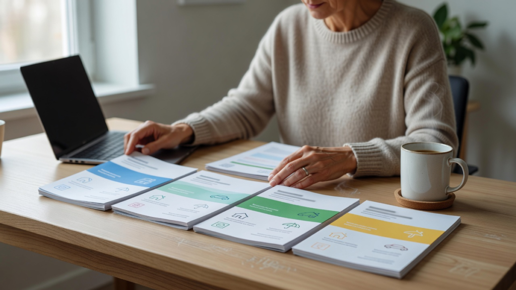 Un parent compare plusieurs dépliants d'assurance posés côte à côte sur un bureau, illustration des doublons de couverture