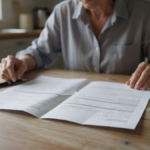 Document ouvert sur une table de cuisine, texte illisible, stylo à côté.