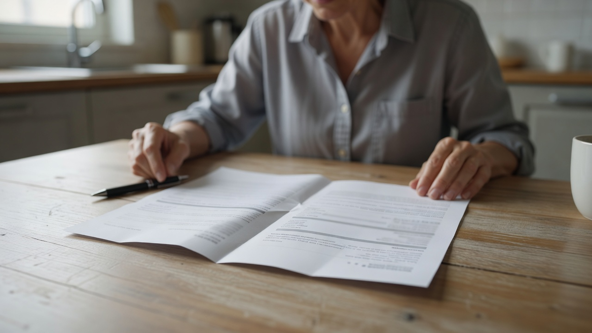 Document ouvert sur une table de cuisine, texte illisible, stylo à côté.