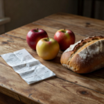 Pommes et pain sur une table, à côté d'un ticket de caisse plié sans prix lisible.