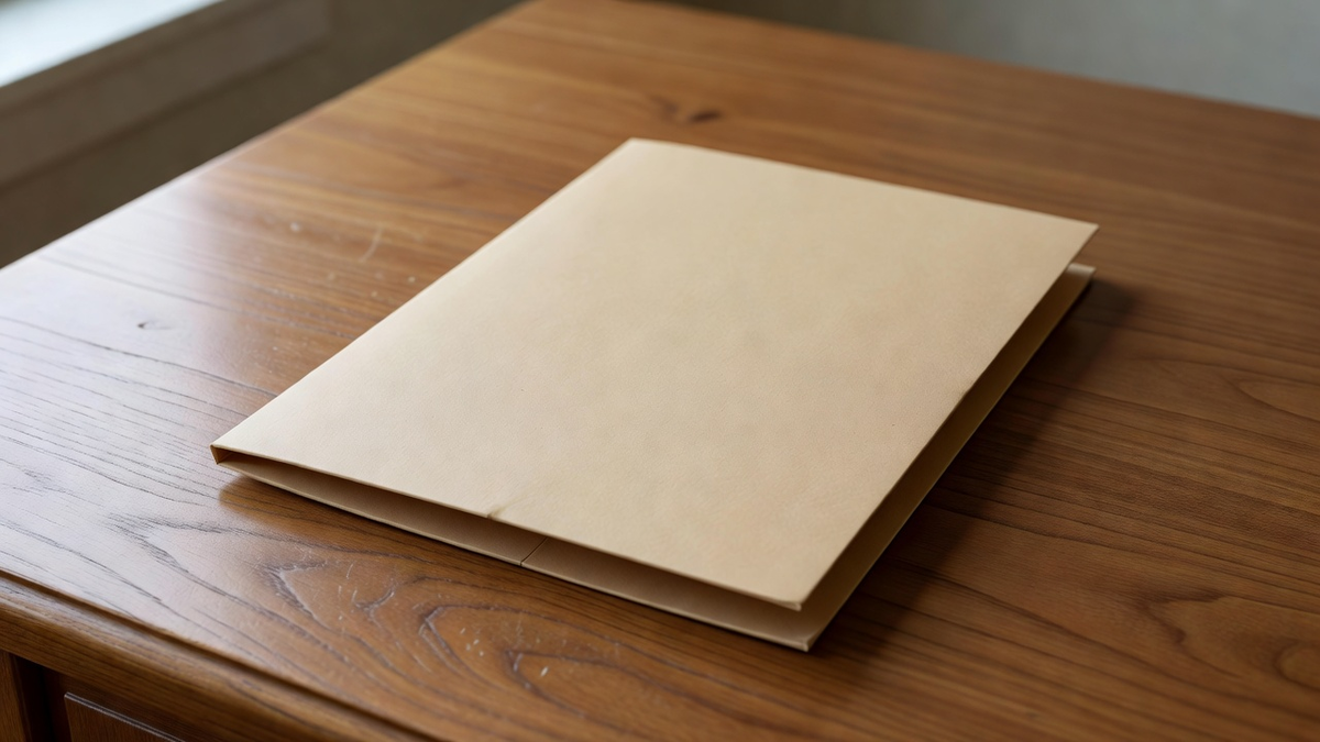Dossier beige fermé sur un bureau en bois, sans inscription.