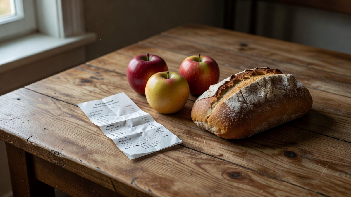Pommes et pain sur une table, à côté d'un ticket de caisse plié sans prix lisible.