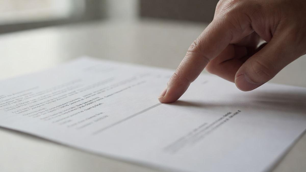 Doigt qui désigne une ligne floue sur un document, aucun montant lisible.