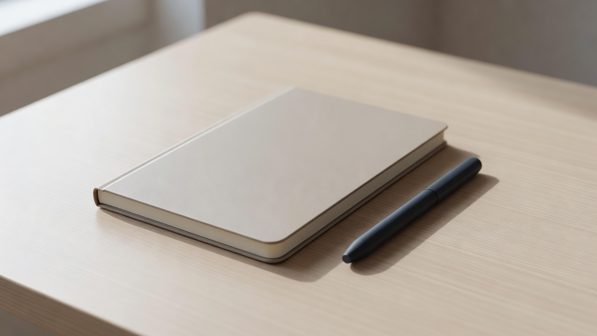 Carnet fermé et stylo, page encore blanche, sans chiffre.