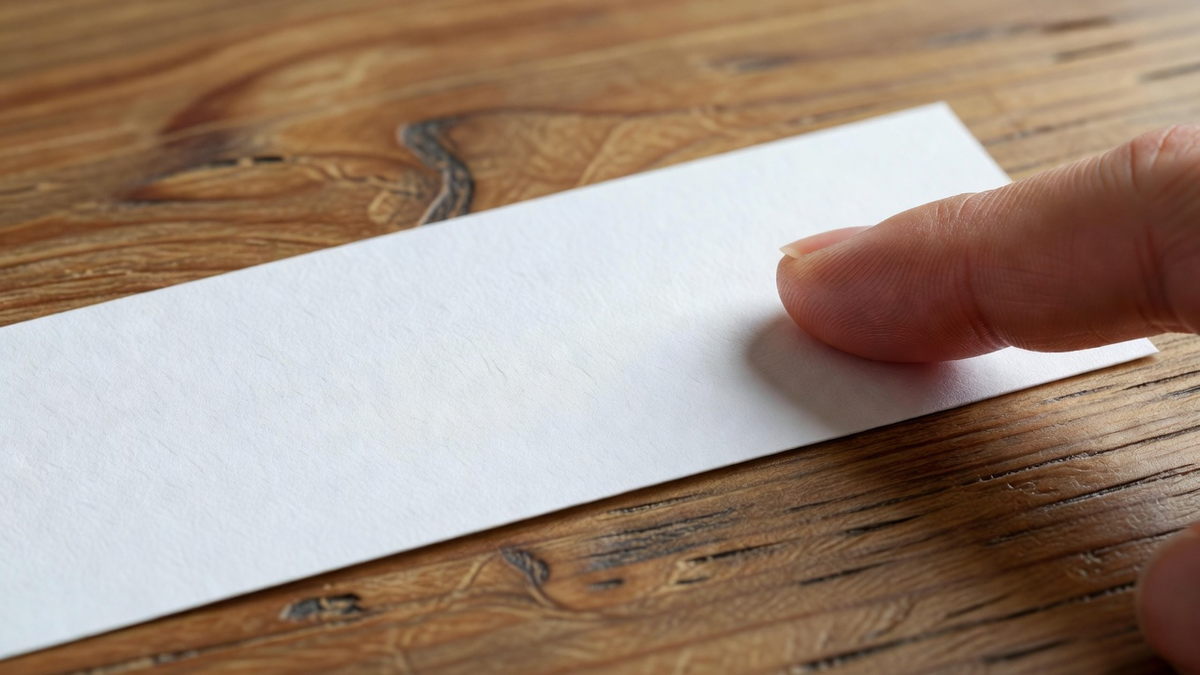 Doigt posé sur une bande de papier vierge, avant de noter un ticket de caisse.