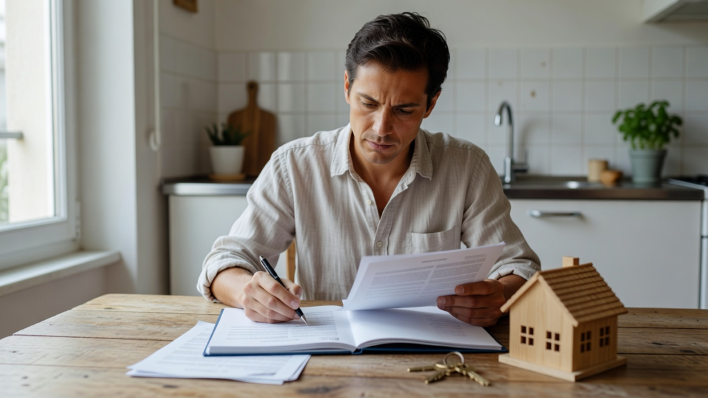 Personne relisant ses documents d'assurance habitation dans un salon lumineux