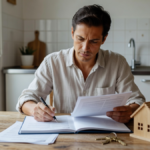 Personne relisant ses documents d'assurance habitation dans un salon lumineux