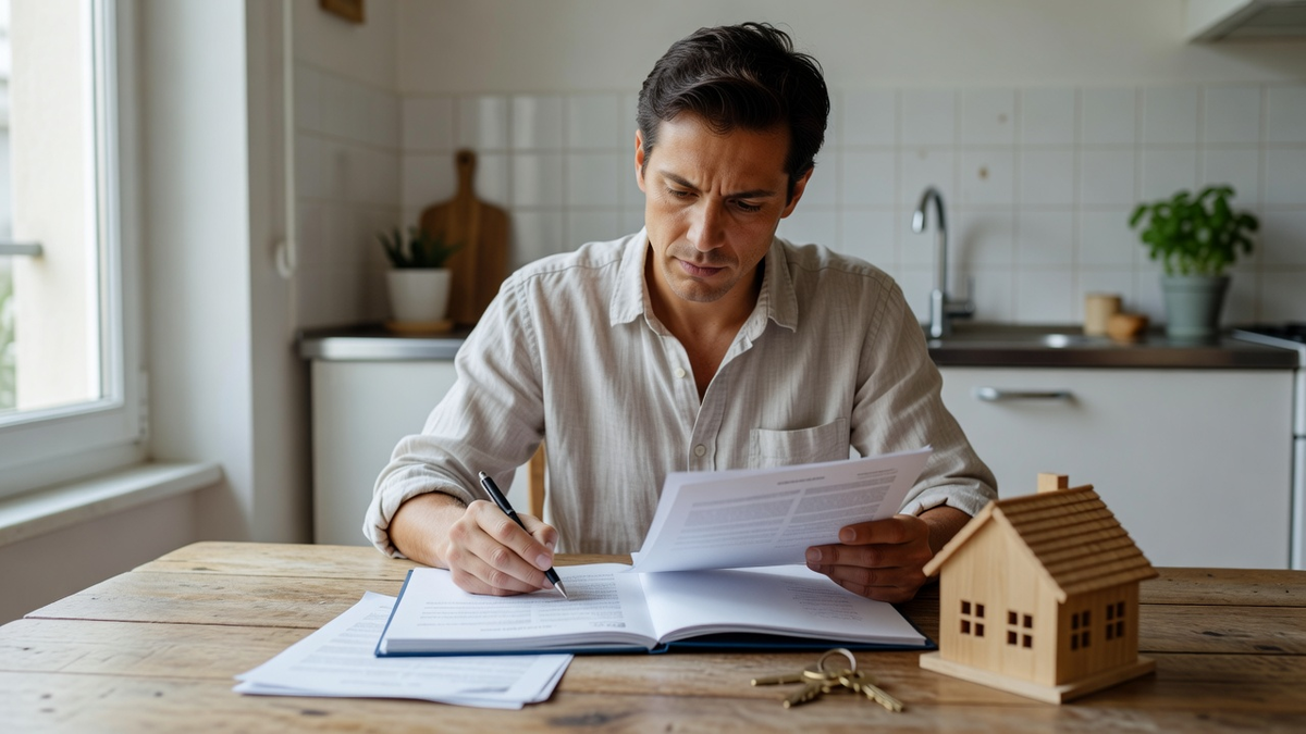Personne relisant ses documents d'assurance habitation dans un salon lumineux